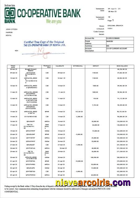 Kenya Co-operative Bank statement Word and PDF